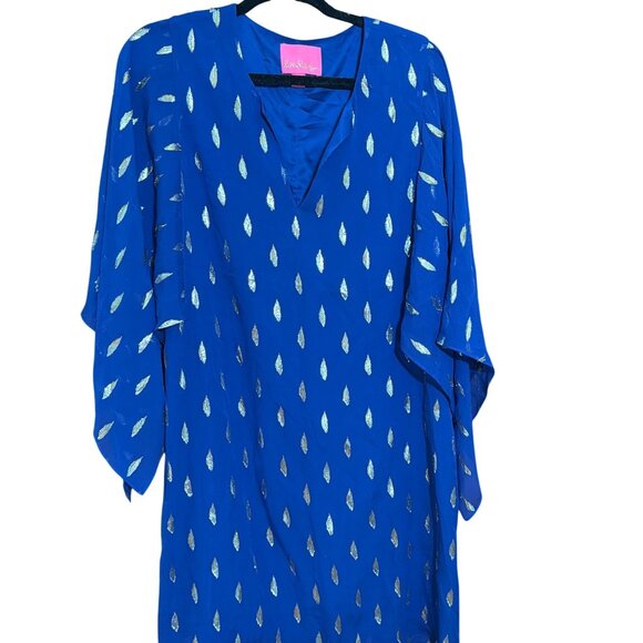 Lilly Pulitzer Dresses & Skirts - Lilly Pulitzer Shalynn Silk Caftan Dress Blue Gold Metallic Design Lined Sz 8